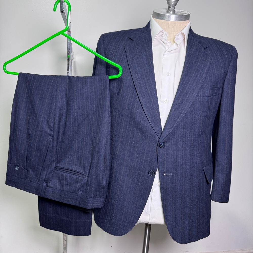 Kuppenheimer Suit Mens 44S 38W Navy Blue Pinstripe Wool 2-Button Vintage USA